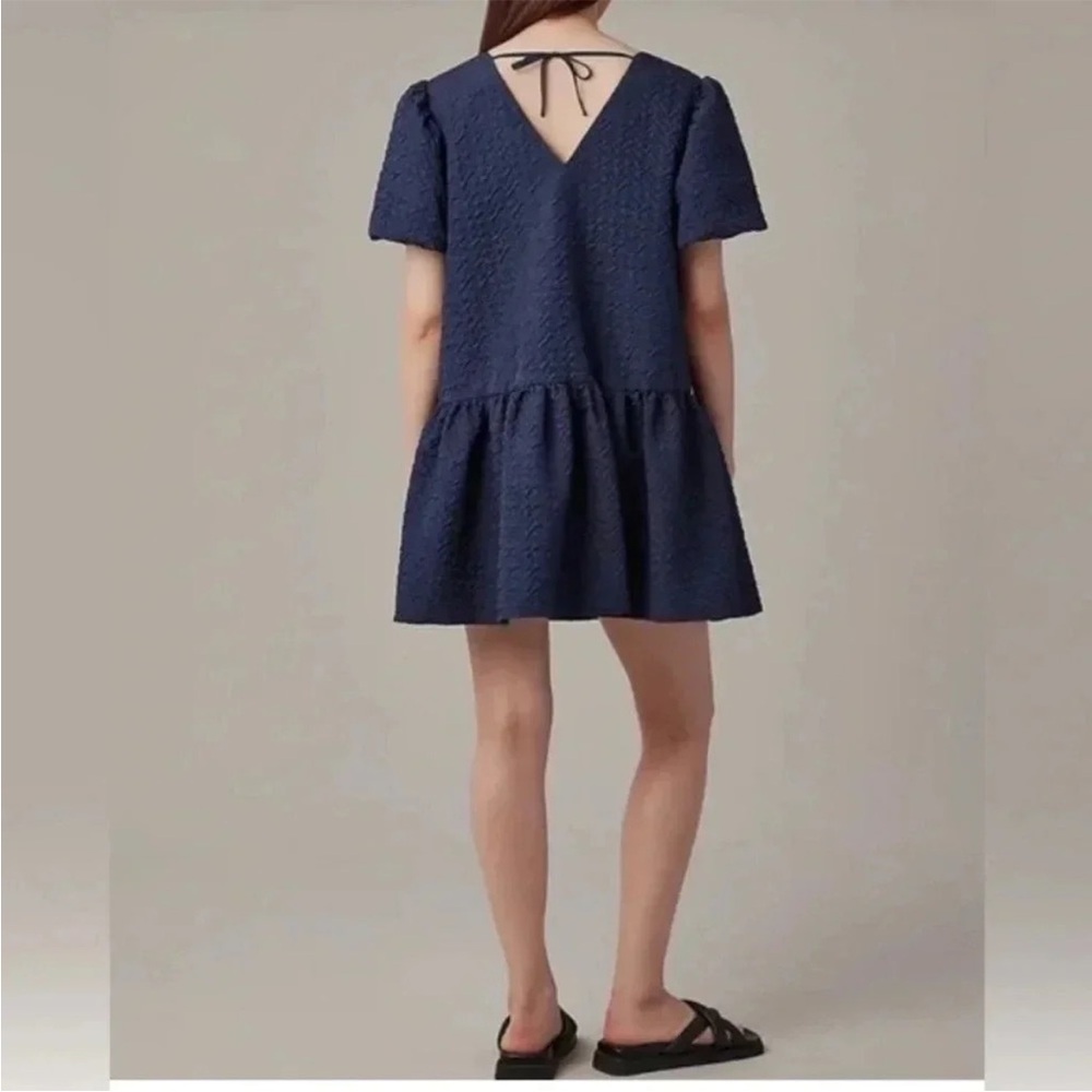 Navy Textured V-Back Short Sleeve Drop-Waist Dress
